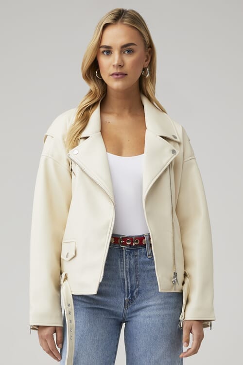 Rock the chic look with Good American Boyfriend Moto Jacket in stunning Cloud White.