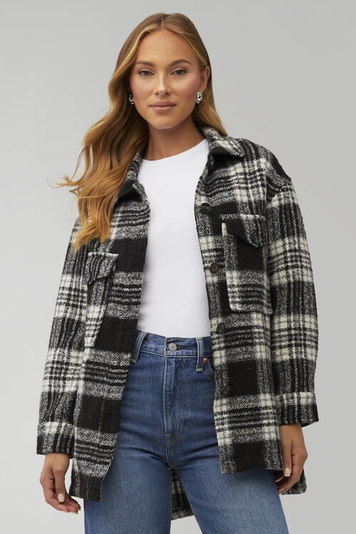 Stay warm with Sanctuary's Winter Latte Plaid MIDI Shacket - the perfect blend of jacket & outerwear.
