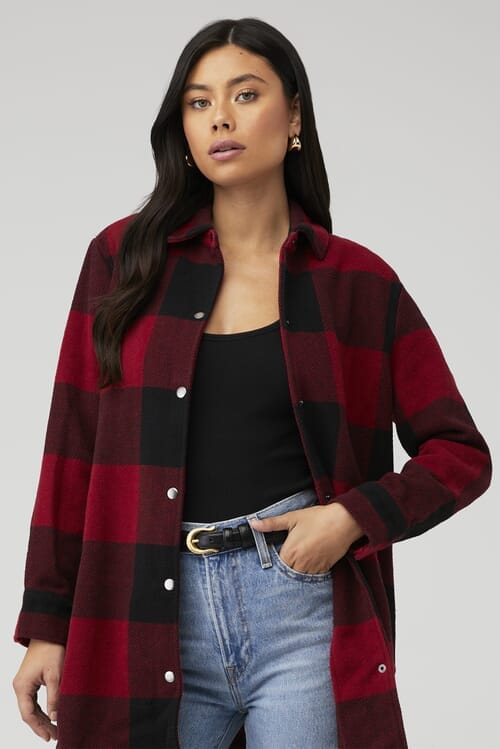 BB Dakota's Eldridge Shacket: A vibrant red outerwear piece for bold style statements.