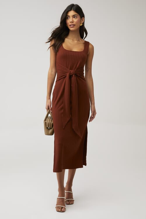Chic MINKPINK Laleh Midi Dress with stylish waist tie in rich chocolate brown.