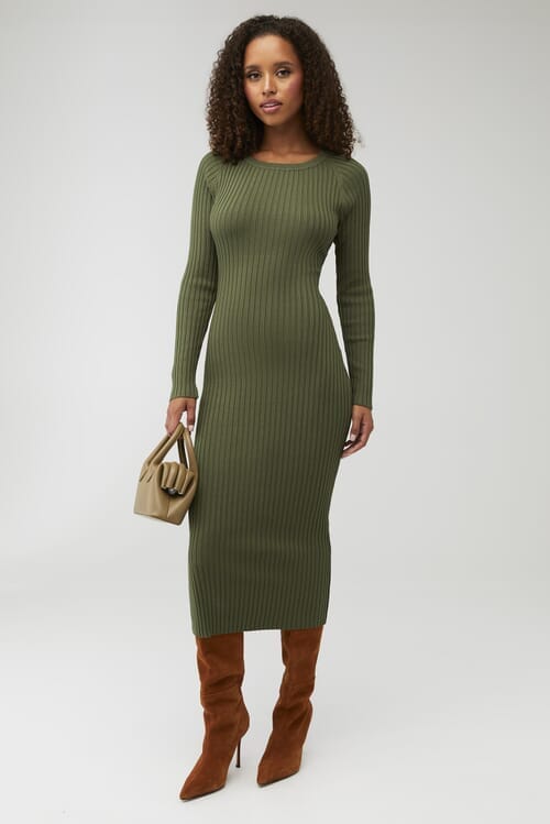 Experience chic comfort with Bardot's VIGO MIDI Knit Dress in stylish khaki.