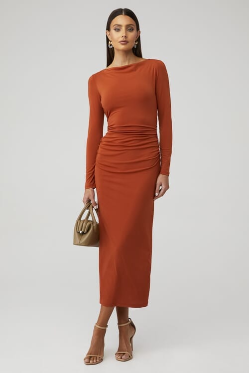 Posie Midi Dress by Significant Other - Rust-hued, elegant dress for stylish outings.