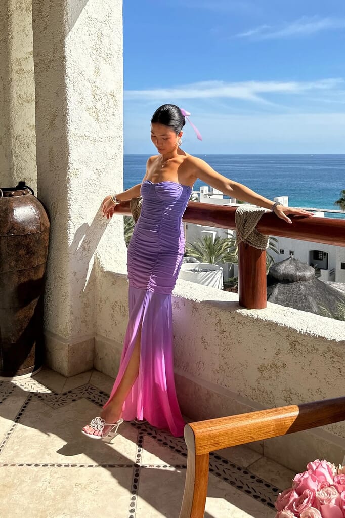 strapless open back dress Purple Quince Ball Gown with Cape Sleeves