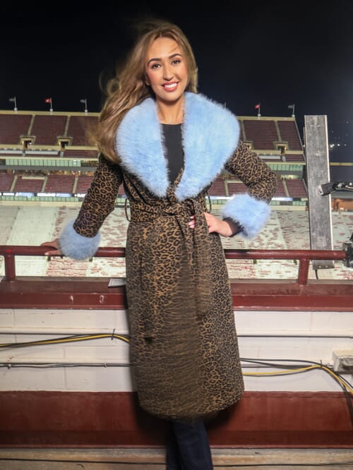 Être Aimé | X Unreal Fur Luxe Leopard Coat in Leopard/Baby Blue