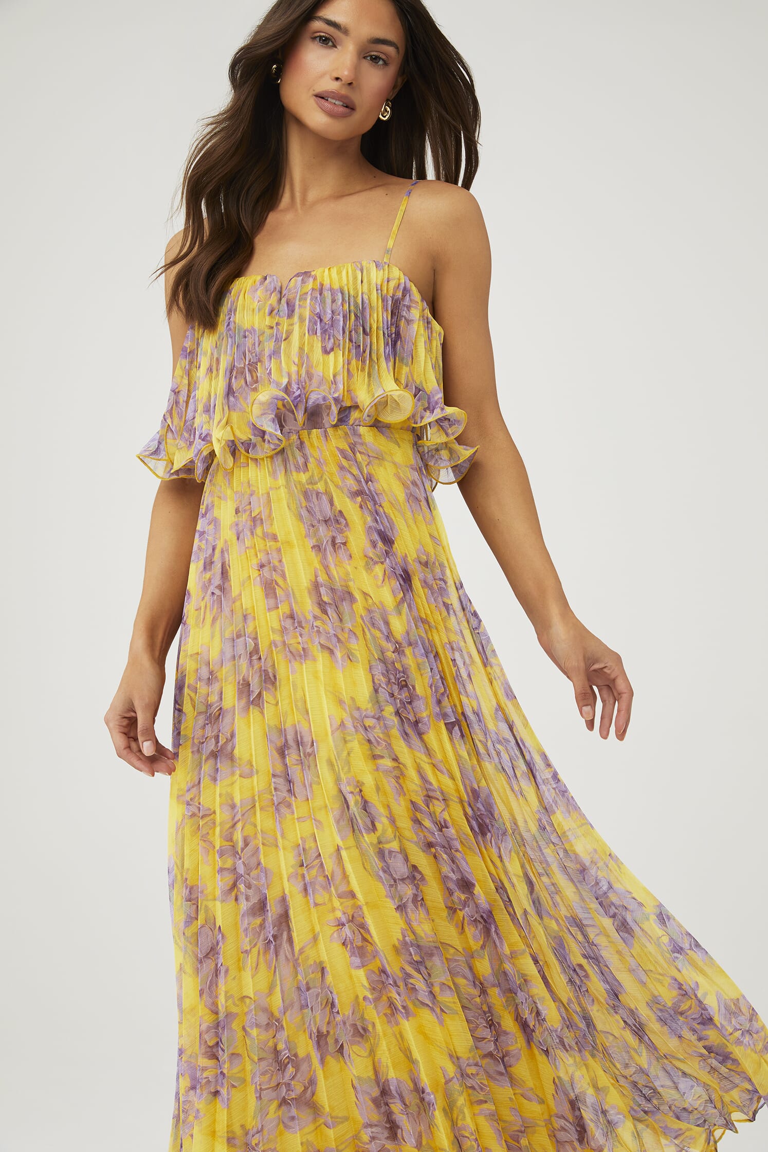 purple and yellow floral dress Robbie Bee Chiffon Floral Dress Size 6 Y2K Purple Chiffon Drape Neck Midi  Romantic Flowy Ruffles Hanky Hem