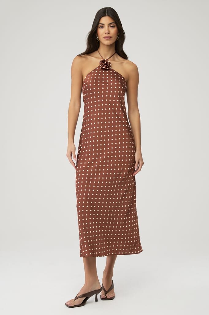 huda orange dress For Love & Lemons satin open back Maxi dress with rosette detail in red