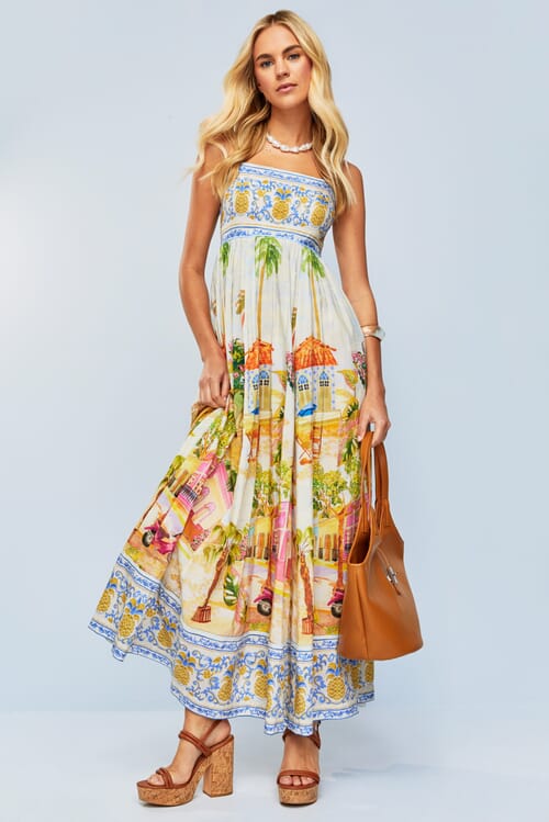 farm rio delicate floral stripes linen blend maxi dress Delicate Floral Stripes Maxi Dress
