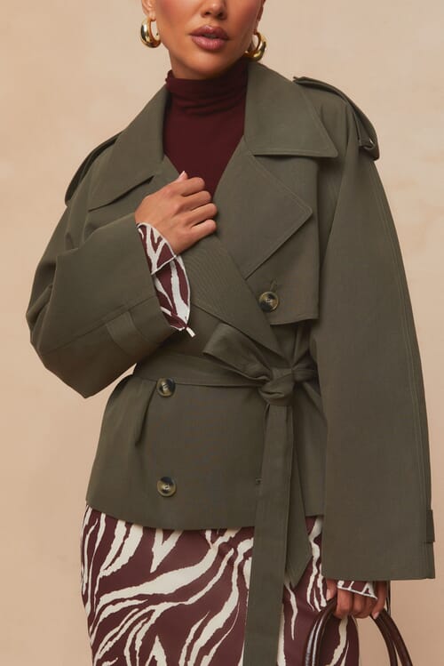 Elodie | Wynn Cropped Trench Coat in Khaki| FashionPass