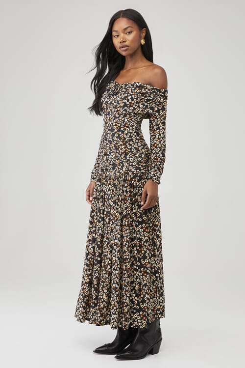 FARM RIO | Tiny Flowers Black Long Sleeve Maxi Dress in Tiny