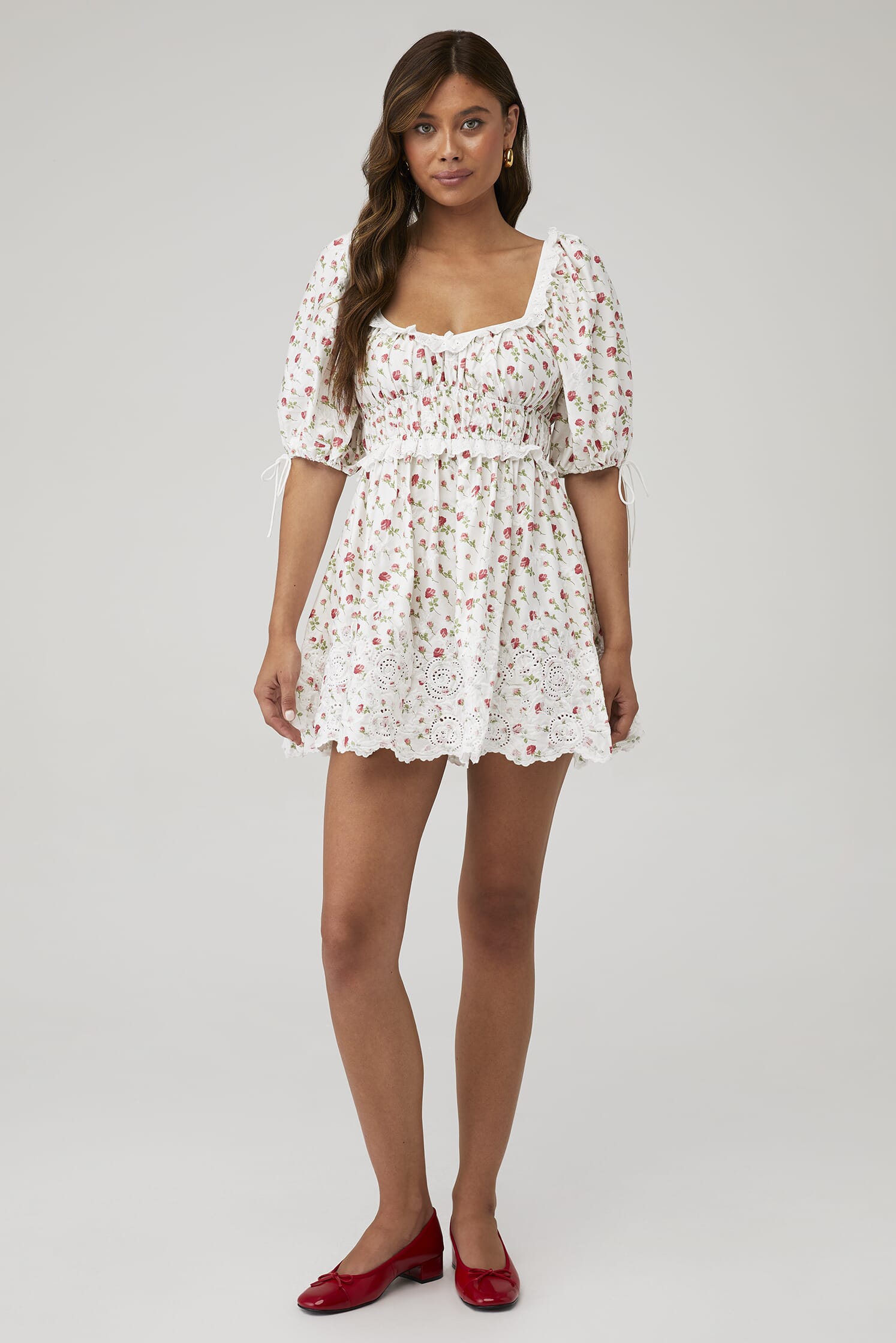 for love and lemons white dress & | Marilyn Collared Mini playful ruffles along the neckline and an adjustable bow tie at back waist For Love & Lemons |