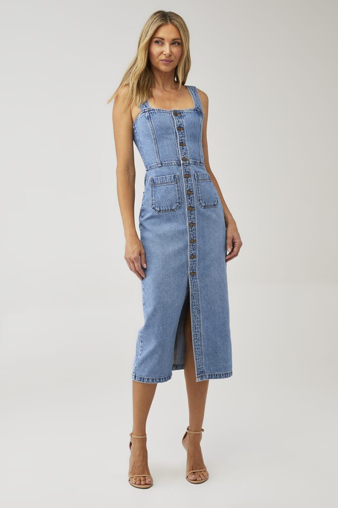 rollas denim dress Dark Indigo Denim Mara Strappy Midi Dress Organic Cotton
