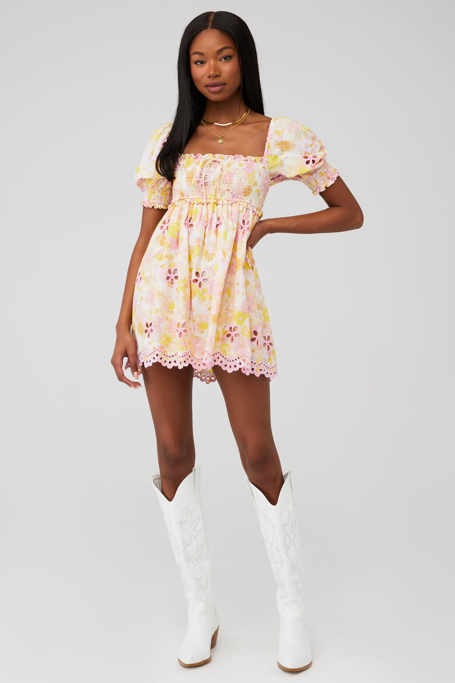 hannah mini dress for love and lemons For Love & Lemons Chiffon Rose Applique Mini Dress