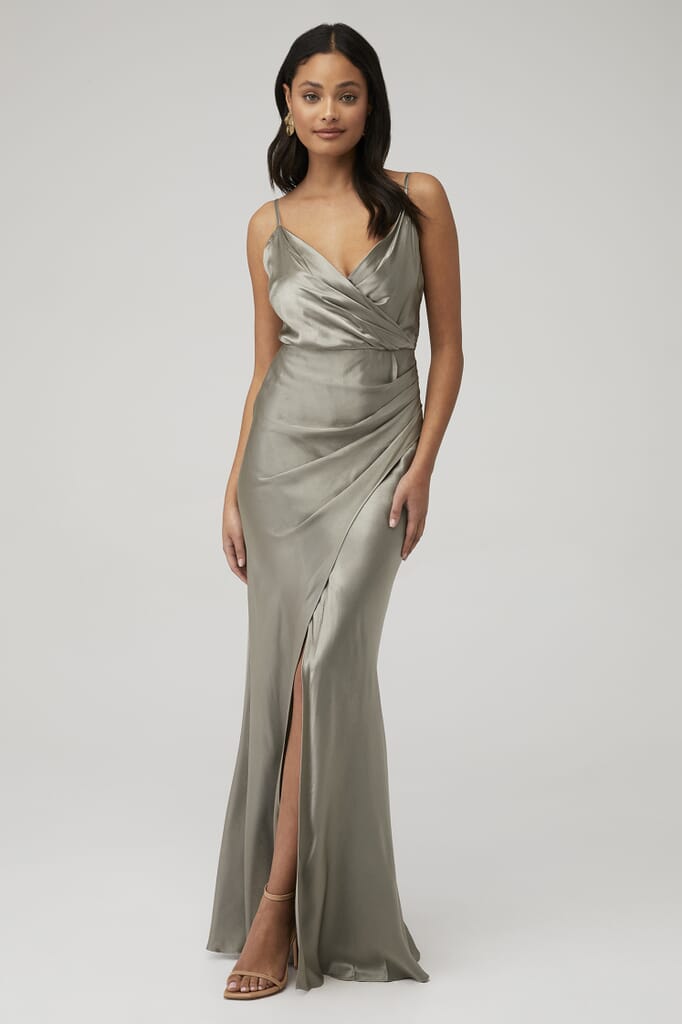 silver bridesmaid dresses near me Chiffon A-line Lace Appliqued With Slit, MBD246 brand_LK_BENNETT shimmer satin fabric Madison James Wedding Dresses Color:Kelly Green