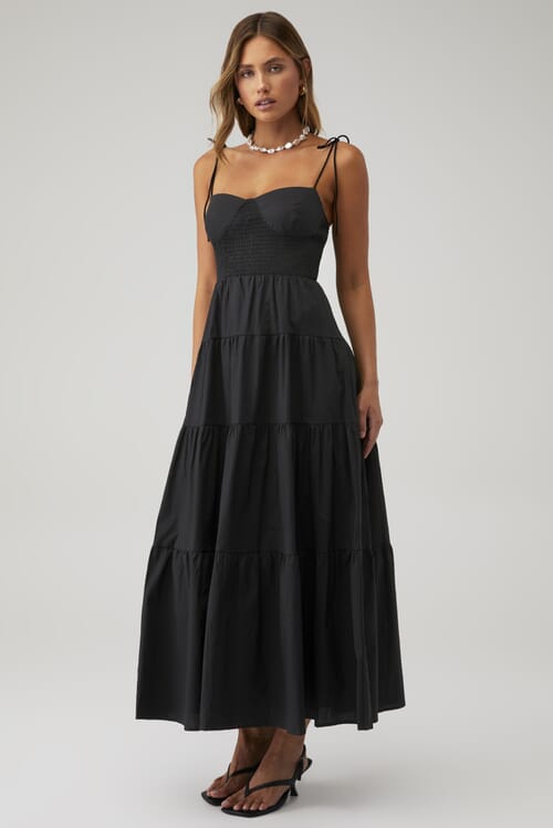 WAYF | X Fashionpass Smocked Cupped Tiered Maxi Dress in Black