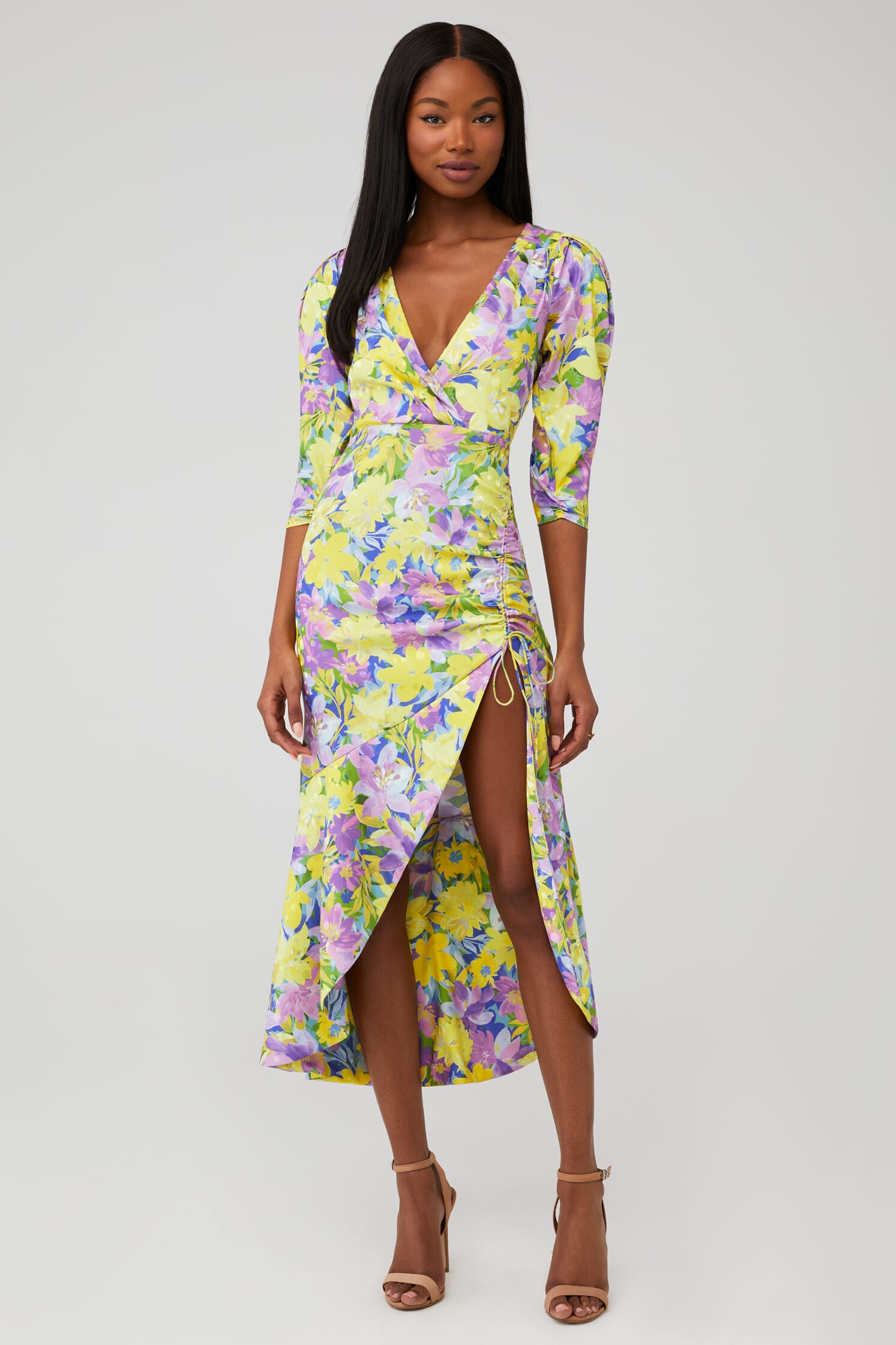 wedding dresses midi A-line Mikado Dress Gloria yellow The sleeves gather at Heavenly Energy Sage Textured Color:Dusty Blue*