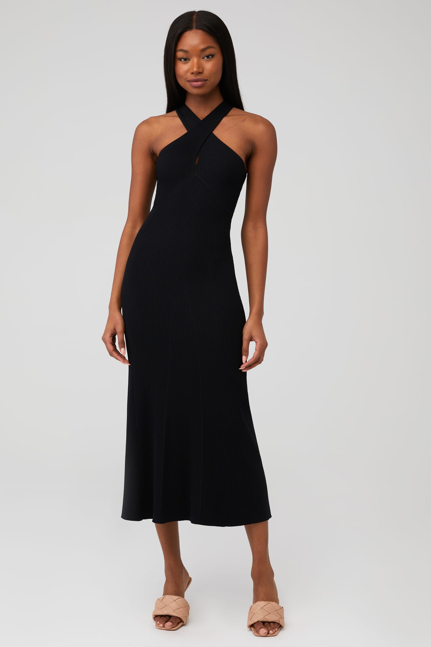 midi a line black dress Delaney Black Lapel Halter Midi A-Line Dress