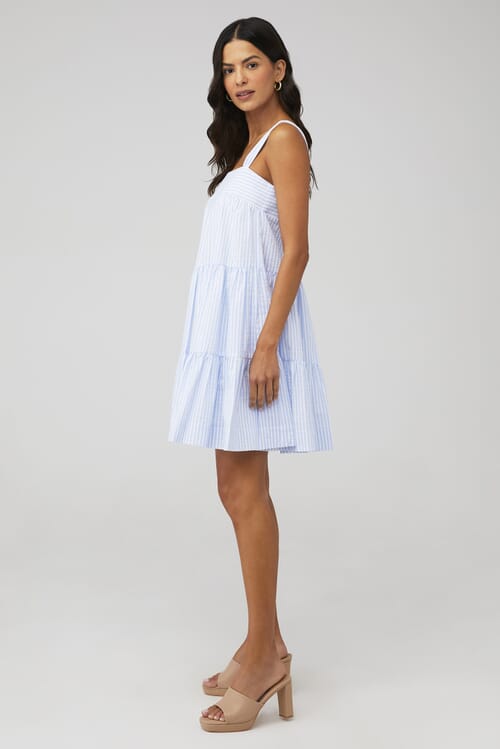 MINKPINK | Milani Tiered Mini Dress in Blue & White| FashionPass