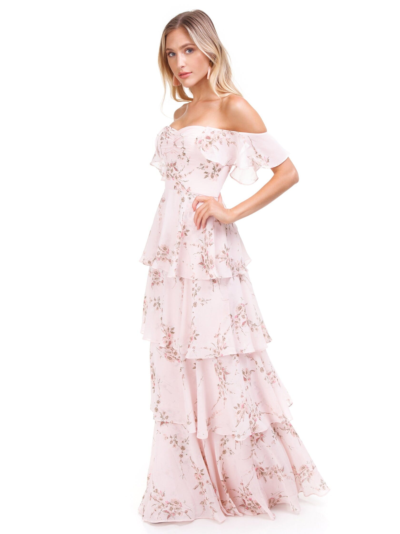 WAYF Abby Off Shoulder Tiered Maxi Dress in Garden Floral