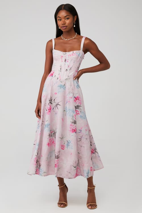 Bardot | Adaline Corset Midi Dress in Garden Floral| FashionPass