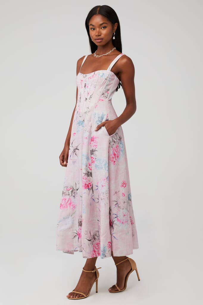 Bardot | Adaline Corset Midi Dress in Garden Floral| FashionPass