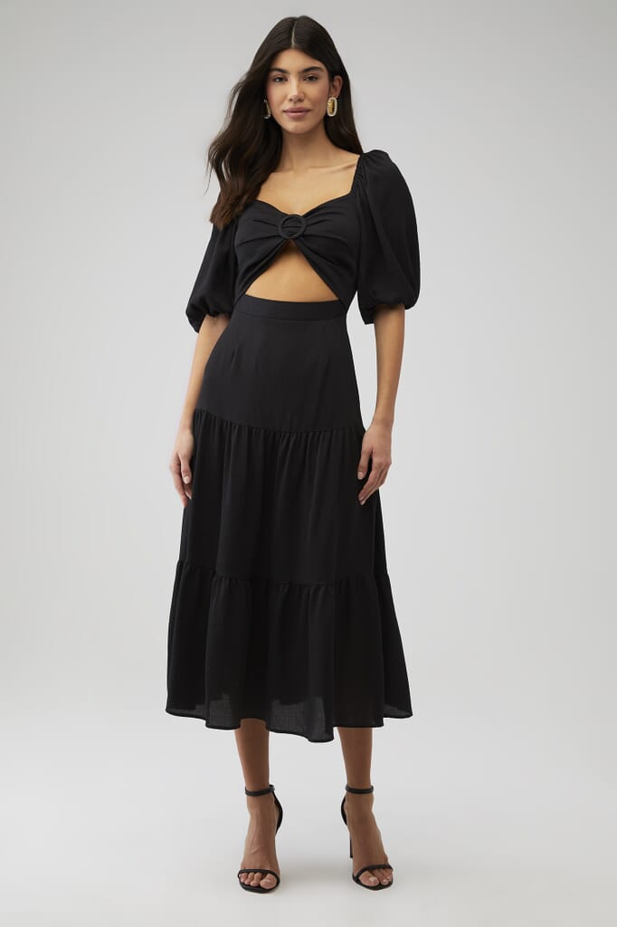 judalon lace button front midi dress Button Front Yoke Neck Dress With Lace Shoulders Irish Cream / S