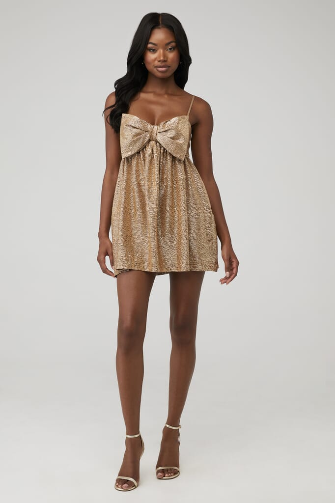 Show Me Your Mumu Best Bow Mini Dress in Tan Confetti FashionPass