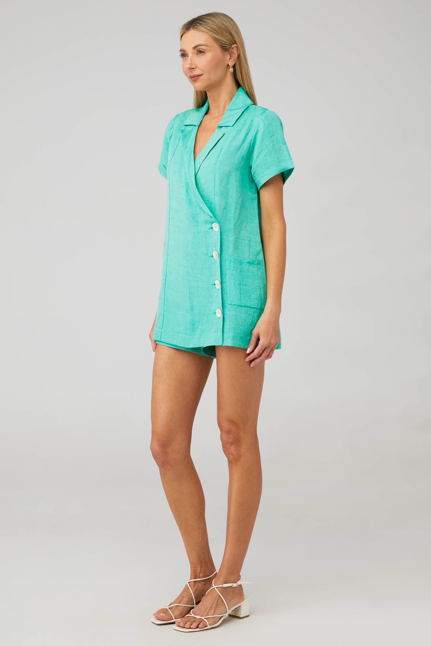 Show Me Your Mumu | Bicoastal Blazer Romper in Seafoam Linen| FashionPass