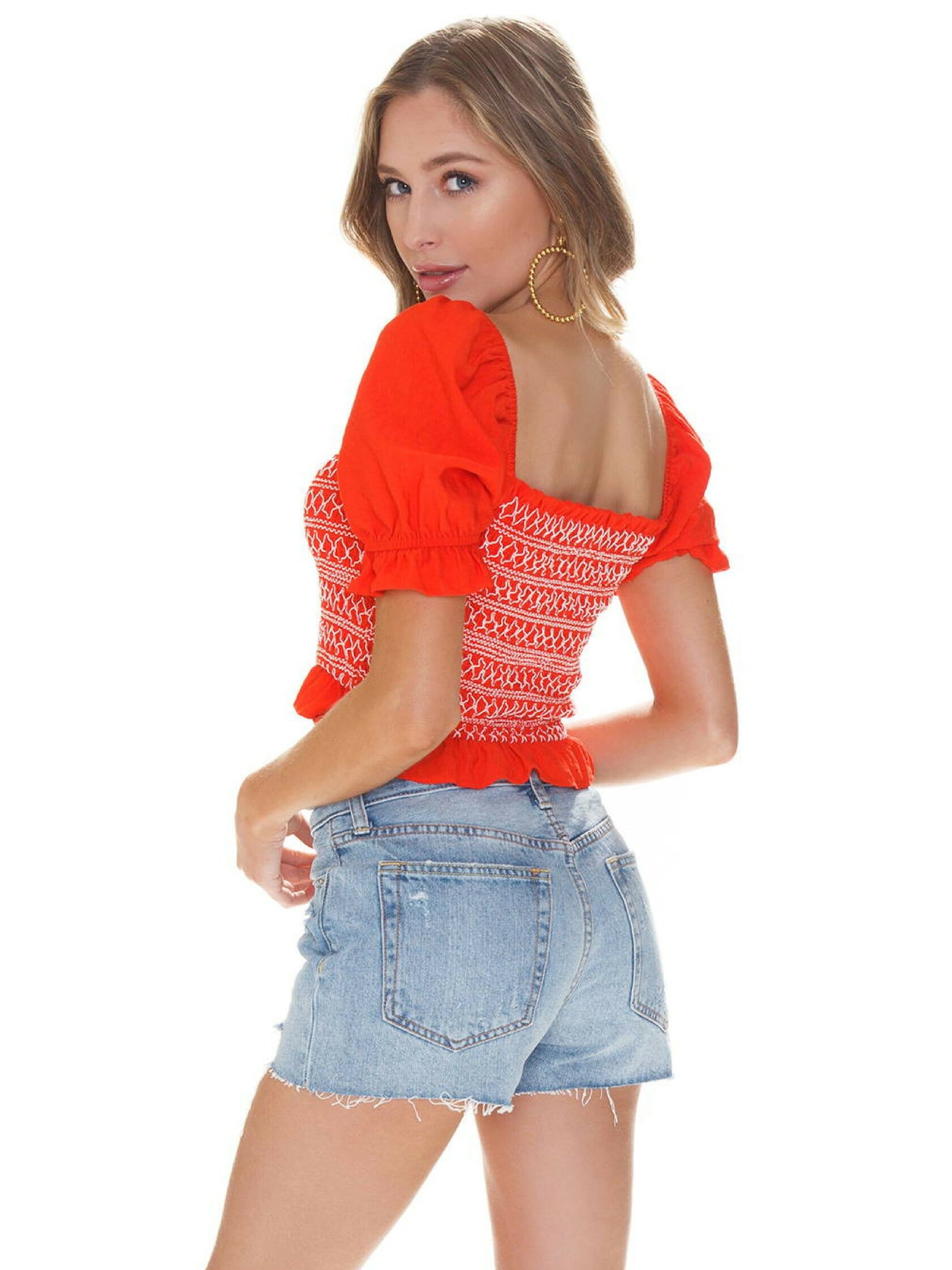 Lost + Wander Bloody Mary Smocked Top in Coral Red