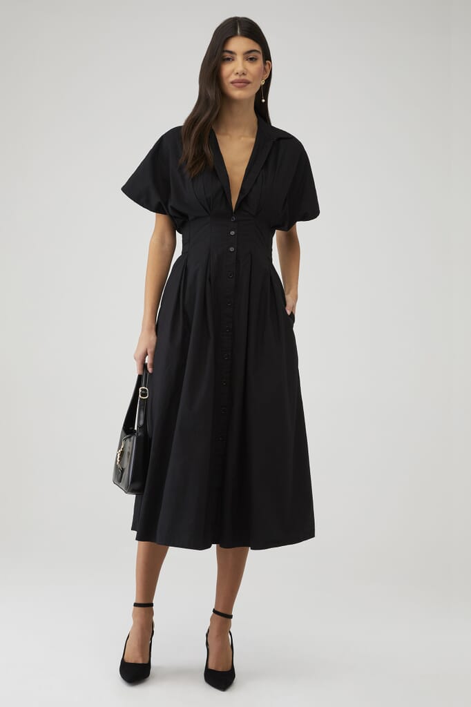 EN SAISON | Parker Mixed Media Midi Dress in Black| FashionPass