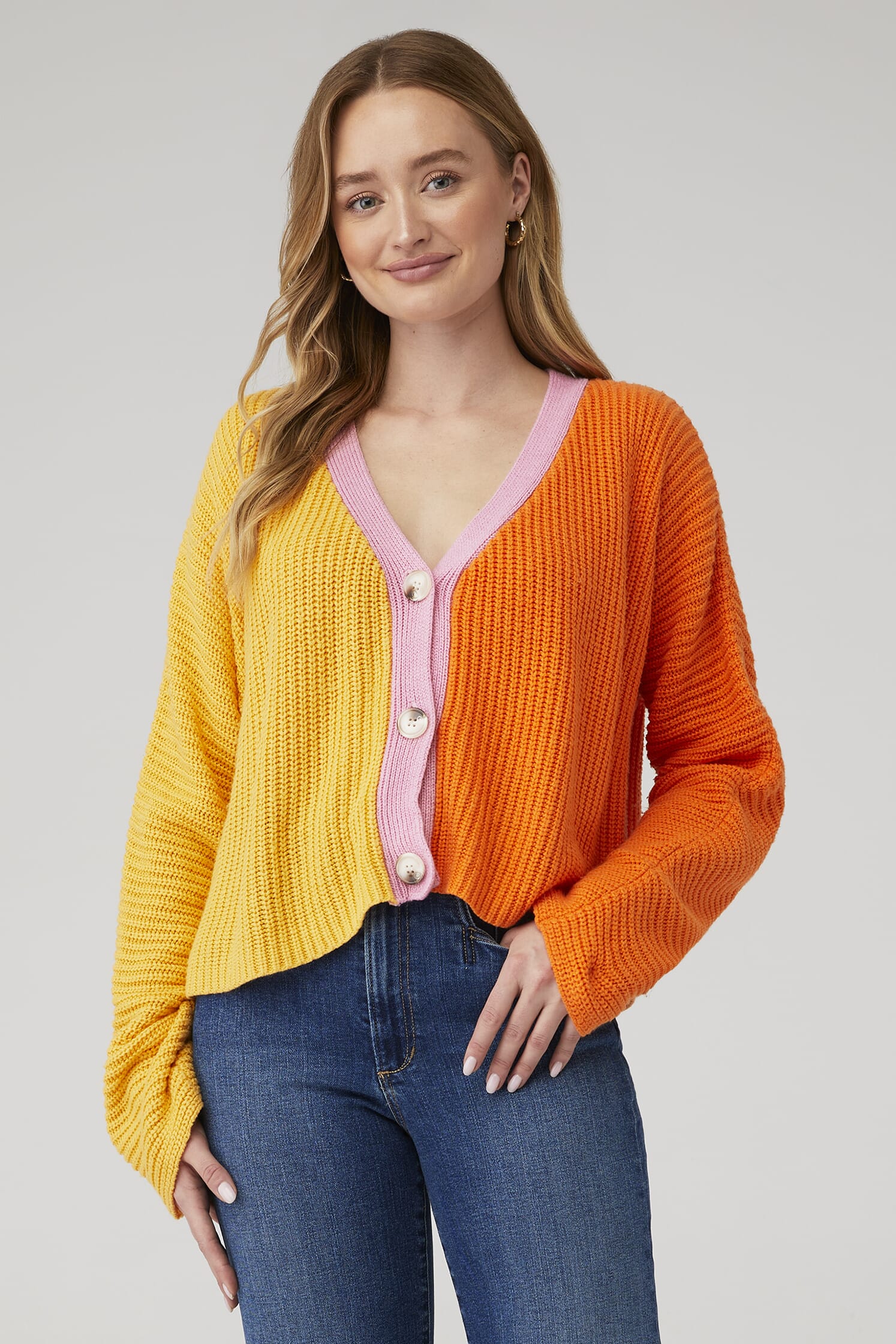 Line Dot Catalina Colorblocked Cardigan in Pink Orange Multi