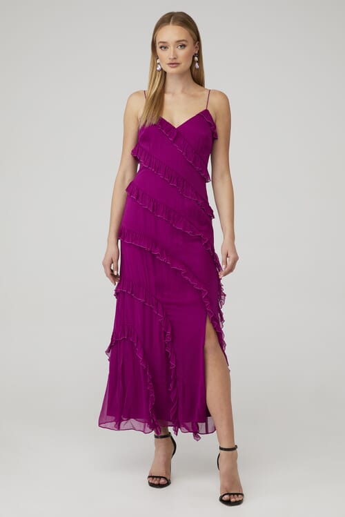 AMUR Chara Ruffle Evening Gown in Purple Sangria FashionPass