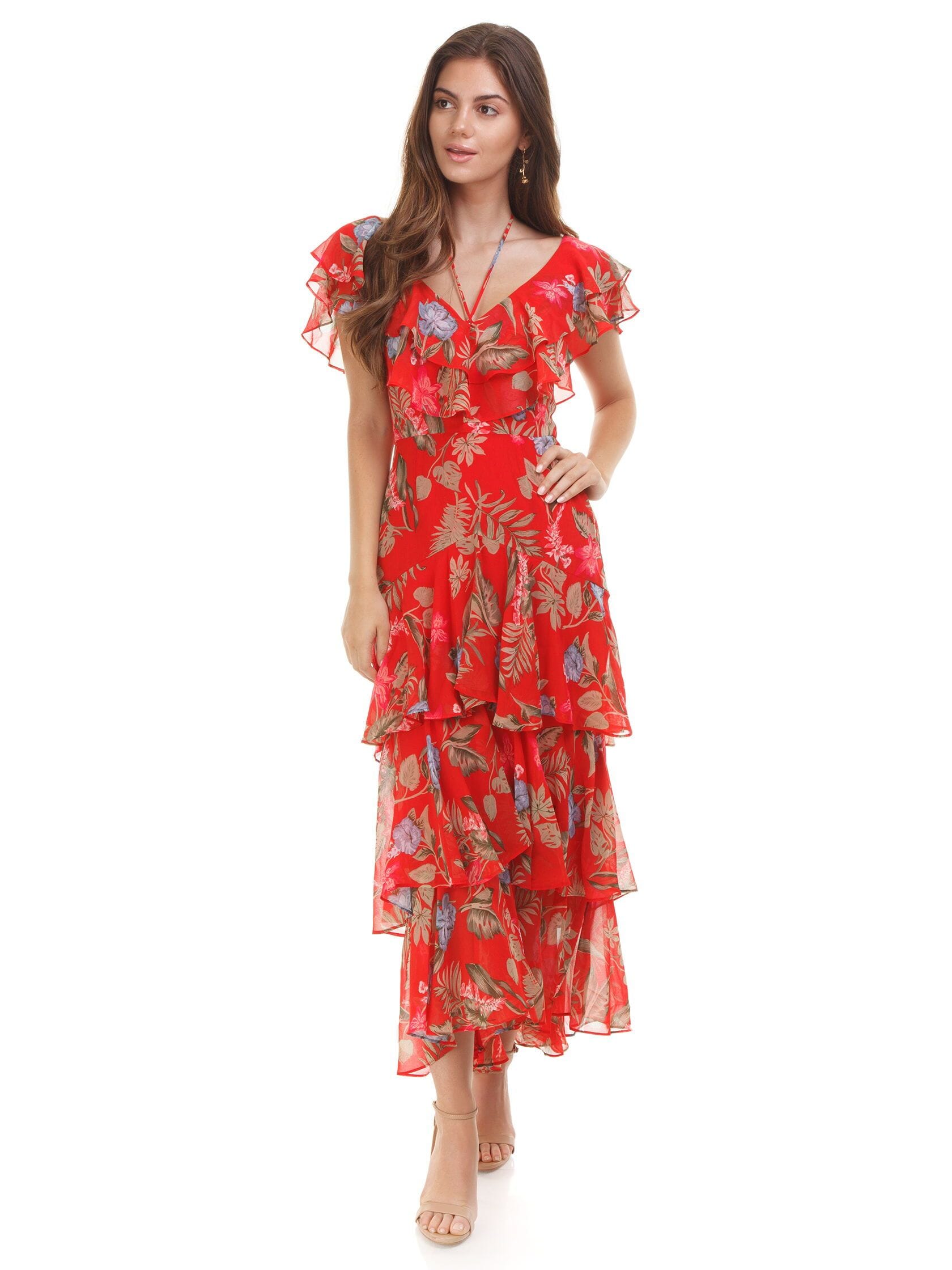 Wayf Chelsea Tiered Ruffle Maxi Dress In Red Tropical Fashionpass 6398