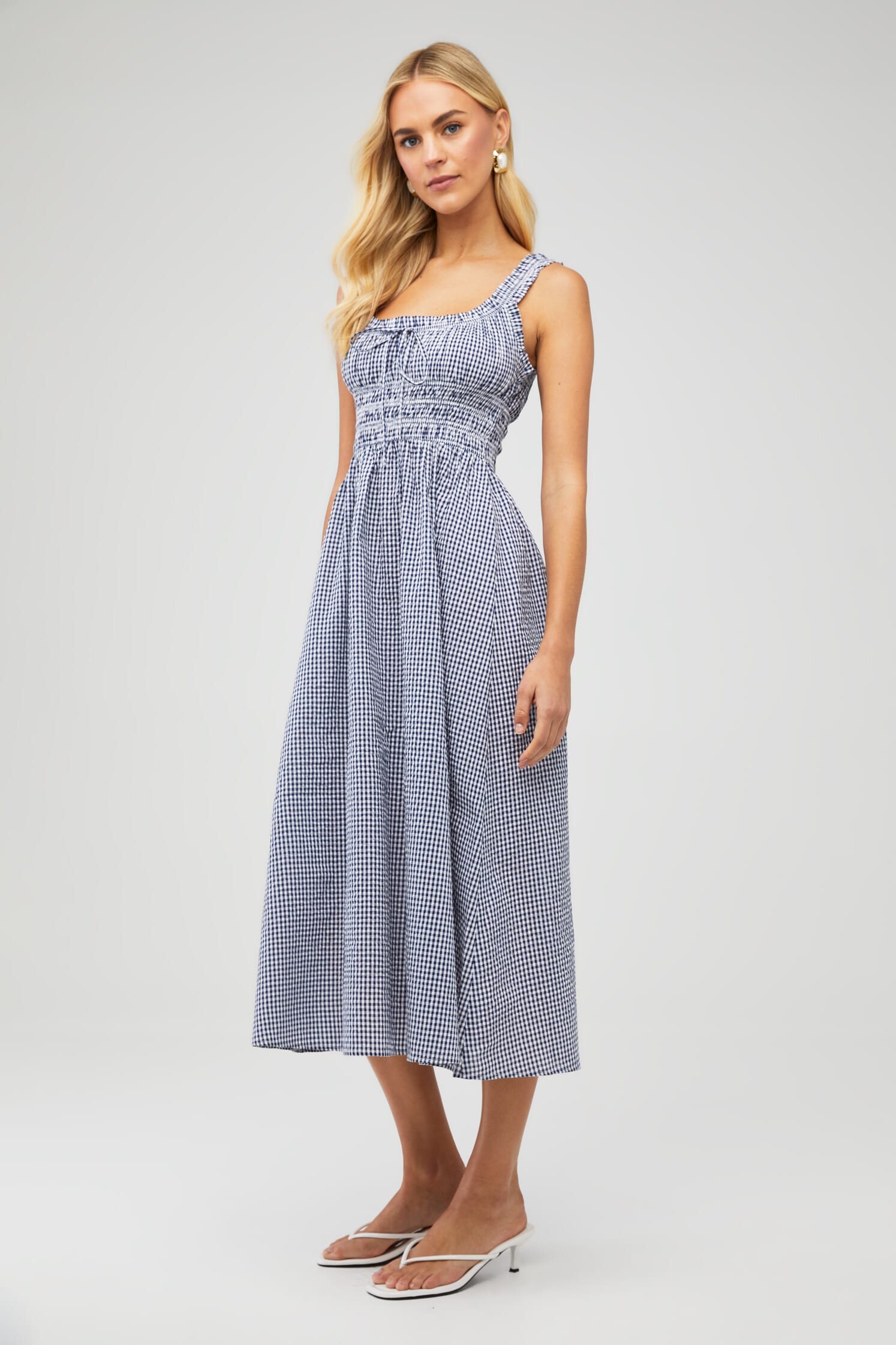 Elodie | Cherlee Midi Dress in Navy Gingham| FashionPass Elodie | Cherlee Midi Dress in Navy Gingham| FashionPass