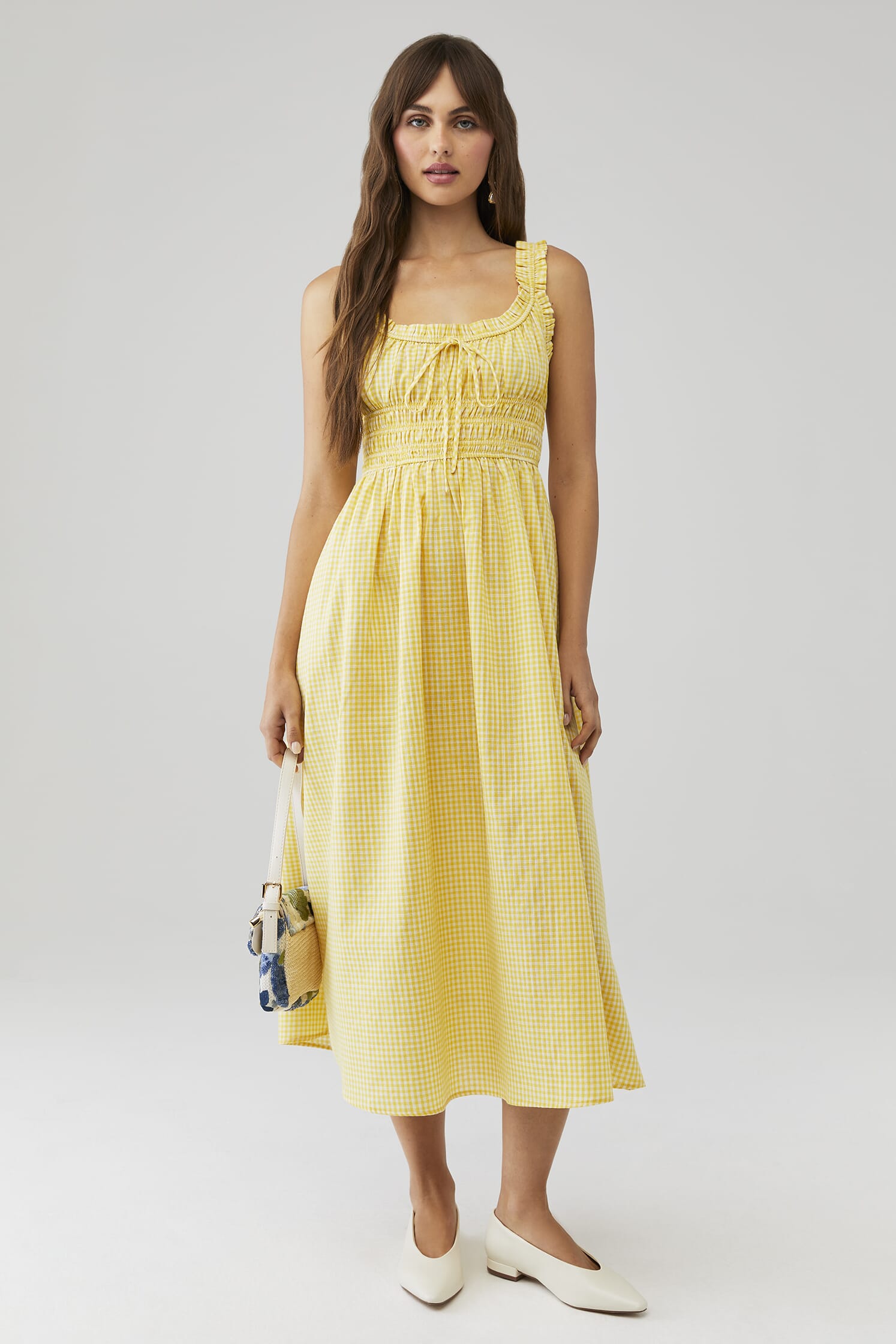 slim fit dress slacks Cream And Gold Tie Neck Midi Dress  self-portrait-US