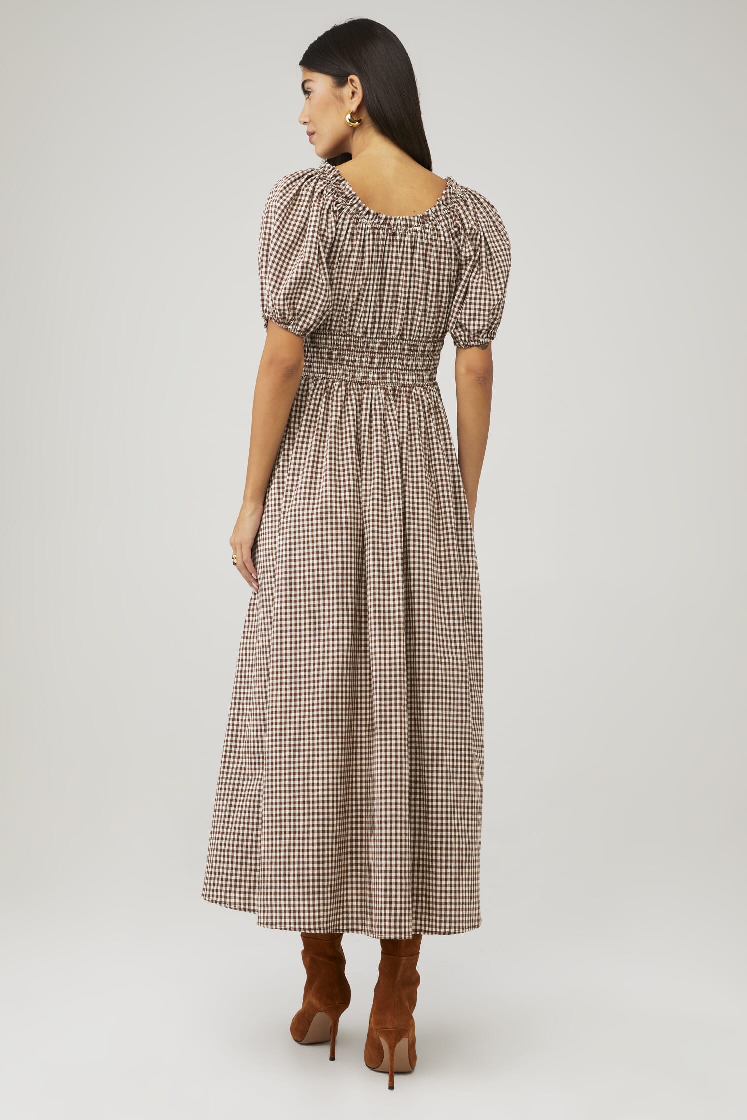 knee length dresses for ladies Elora Gingham Midi in Brown Small