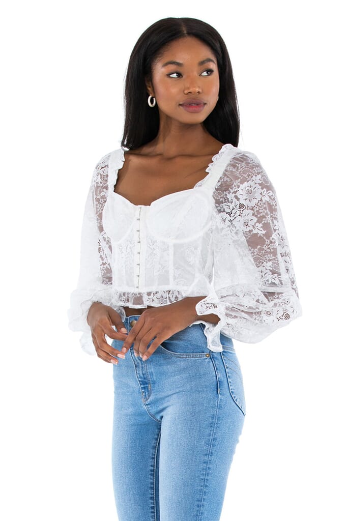 For Love & Lemons Cheyenne Lace Bustier Top in Ivory Lace
