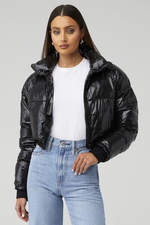 Black shiny crop puffer hot sale jacket