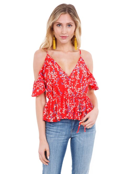 Moon River Cold Shoulder Wrap Top in Red Floral FashionPass