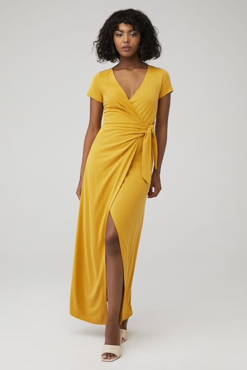 Much obliged golden clearance yellow wrap maxi dress