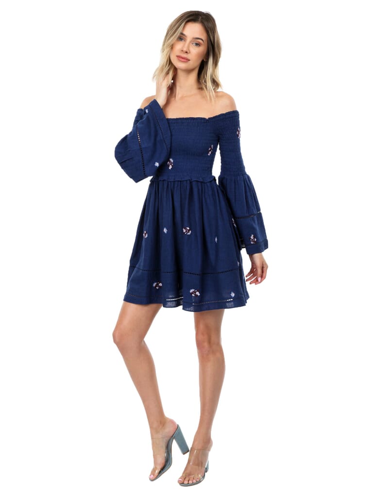 Free People Counting Daisies Embroidered Off Shoulder Dress in Blue
