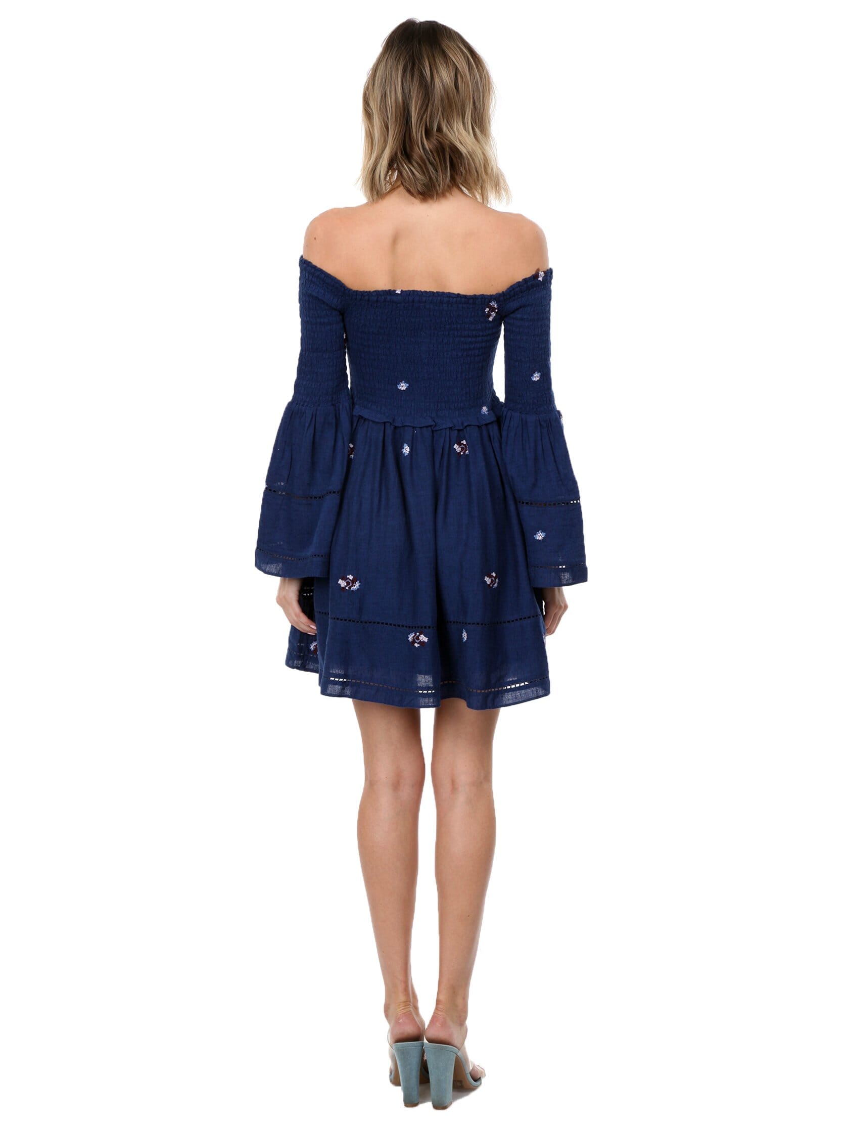 Free People Counting Daisies Embroidered Off Shoulder Dress in Blue