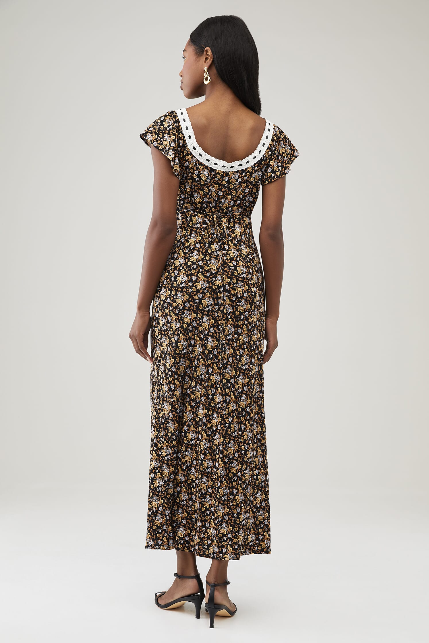 WAYF | Crochet Trim Slip Dress in Black Ditsy| FashionPass