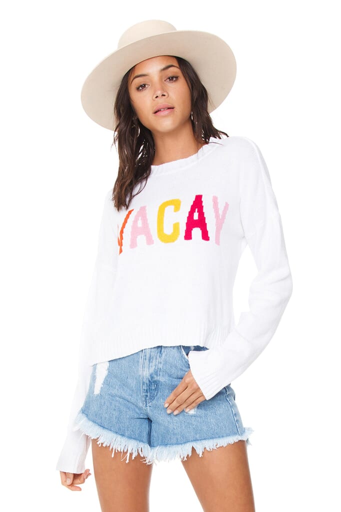 Show Me Your Mumu Cropped Varsity Vacay Sweater in White