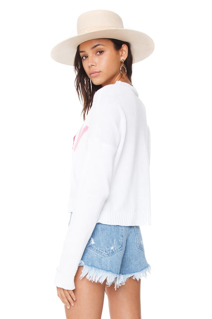Show Me Your Mumu Cropped Varsity Vacay Sweater in White