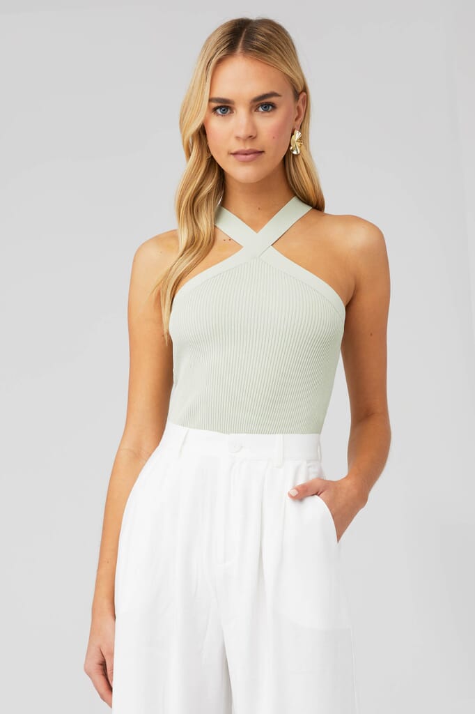 Halter Neck Knit Top with Cross-Strap Neckline