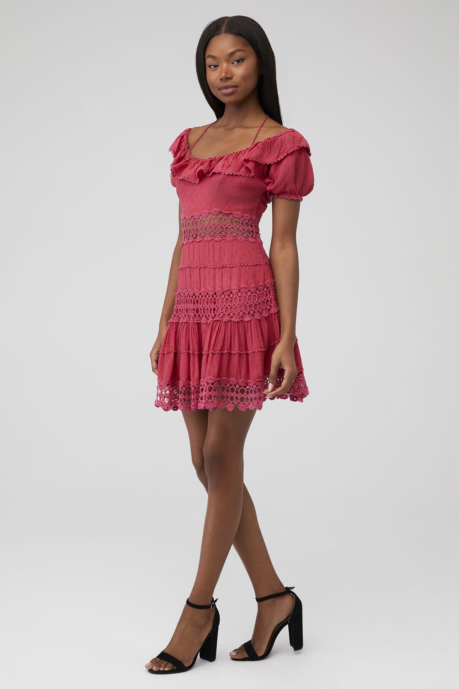 strapless open back dress Ava Presley 29805 Size 8 Hot Pink Short Tweed Puff Sleeve Dress Interview Pageant Formal Pearl Button main image 0