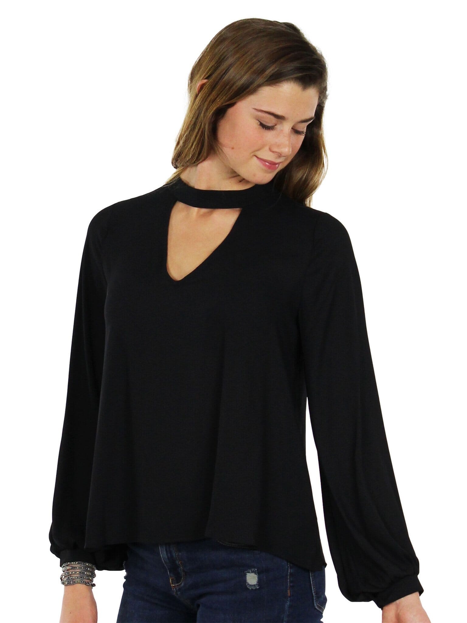 Lush Cut Out Long Sleeve Blouse in Black