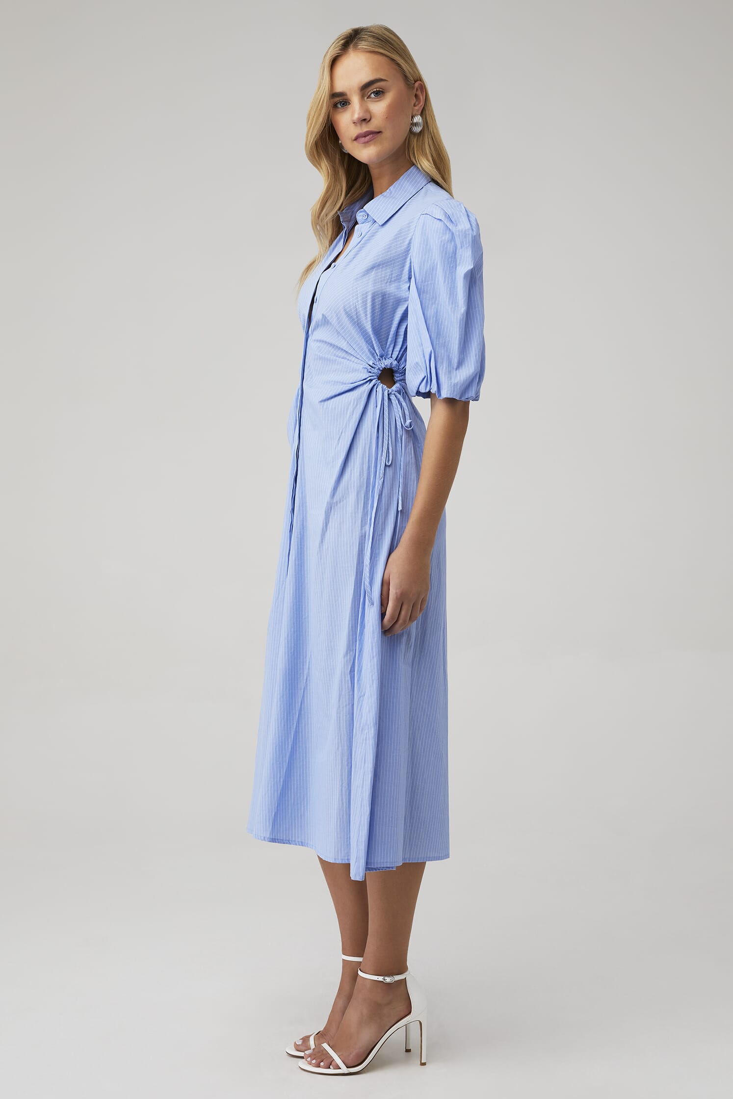 Bardot | Cut Out Midi Shirt Dress in Blue Stripe| FashionPass, image size:1494x2240