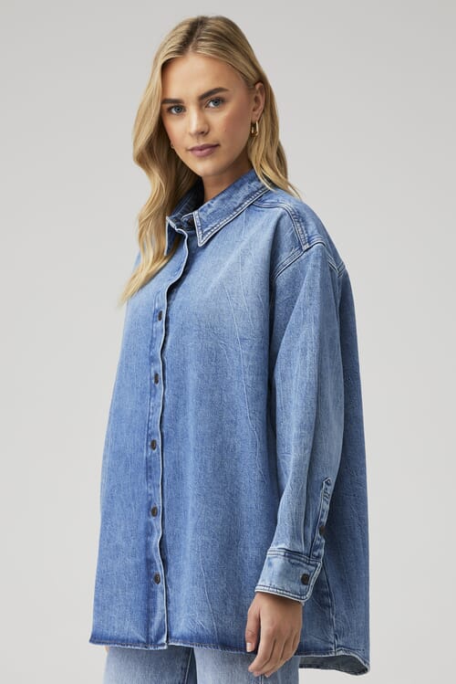 Good American | Denim Oversized Shirt in Indigo599| FashionPass