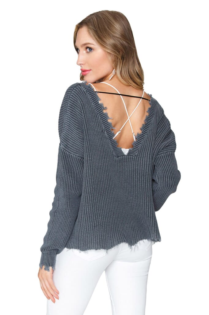 FashionPass Distressed V-Neck Sweater in Charcoal
